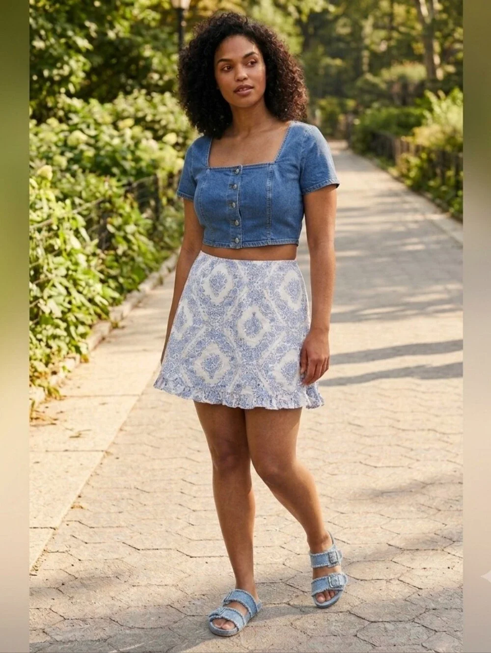 Wild Fable Eyelet Ruffle Mini Skirt Blue White Floral Toile Cottagecore 2X NWT